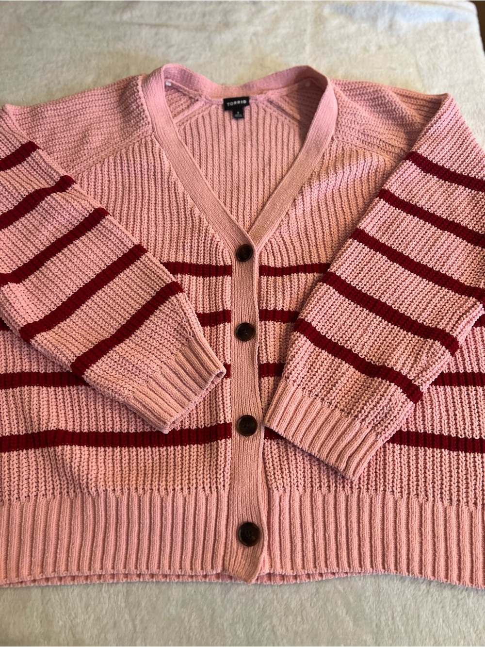 torrid Pink Cardigan with Burgundy Stripes Button-Front Sweater